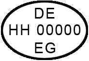Abbildung des Genusstauglichkeitskennzeichens: Schwarz umrandetes Oval mit dem Kennzeichen D-HH-000-EWG 