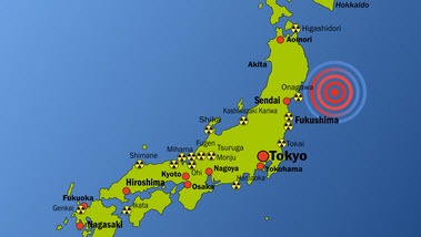 Das Bild zeigt eine Karte von Japan, auf der das Epizentrum des Erdbebens vom 11. März 2011 mit einem roten Kreis markiert ist. (Quelle: Bobo / Fotolia.com)